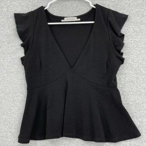 Urban Outfitters Blouse Women's X-Small Black Ruffle Sleeve Low V Neck Peplum